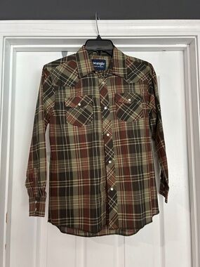 Wrangler Olive Brown Plaid Snap-Front Western Shirt
